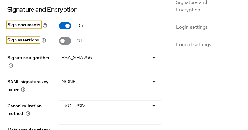 Keycloak SAML Signature and Encryption settings showing Sign documents enabled and Sign assertions disabled