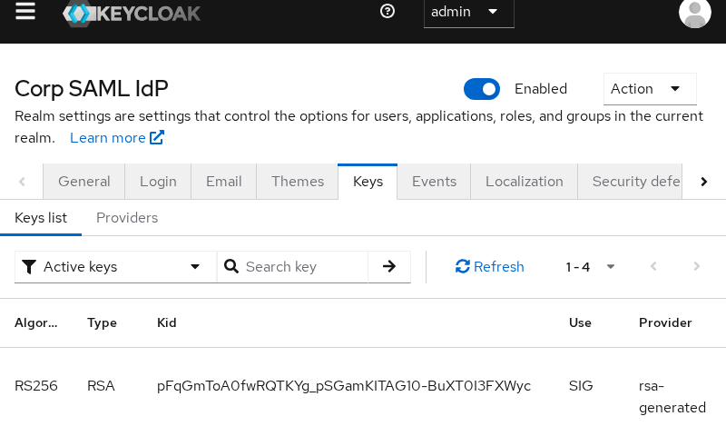 Corp SAML IdP realm Keys tab showing active RSA key with Use SIG