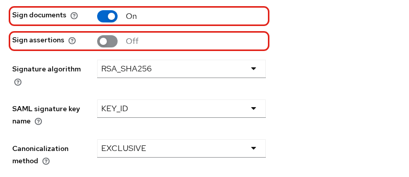 Company realm SAML client with Sign documents on, Sign assertions off, RSA_SHA256, KEY_ID, and EXCLUSIVE