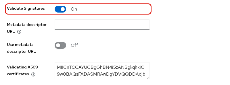 Apps realm identity provider with Validate signatures on and a certificate in Validating X509 certificates