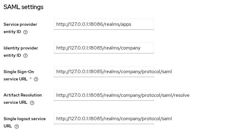 Keycloak SAML settings after metadata import, with the apps SP entity ID and the company IdP entity ID, SSO URL, artifact URL, and logout URL