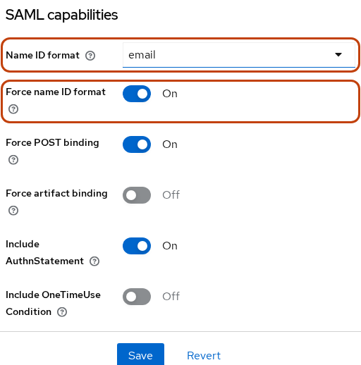 SAML client Name ID format set to email with Force name ID format on
