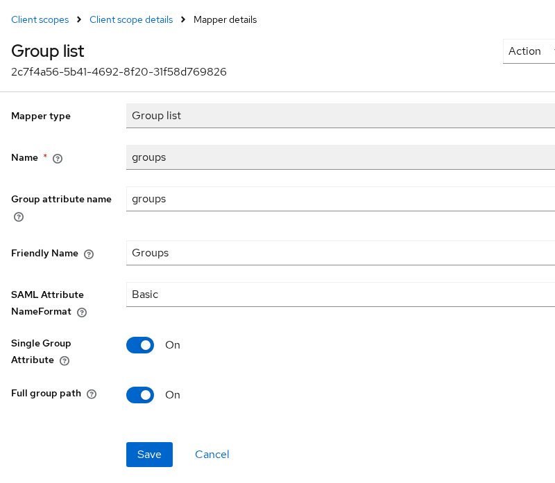 Group list mapper with Group attribute name groups and Full group path on