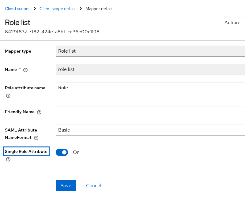 Role list mapper with Role attribute name Role and Single Role Attribute on