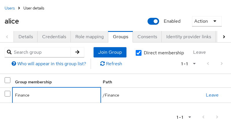 Alice group membership with Finance and path /Finance