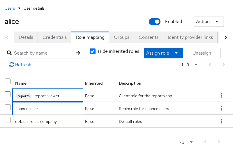 Alice role mapping with reports report-viewer and finance-user