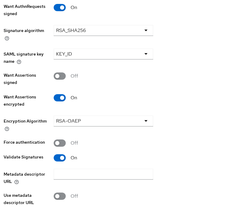 Broker settings with Want AuthnRequests signed, Want Assertions encrypted, and Validate signatures enabled