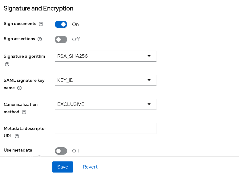 Sign documents on, Sign assertions off, signature algorithm RSA_SHA256, key name KEY_ID, and exclusive canonicalization
