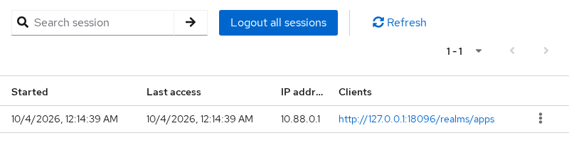 Alice session in the company realm before SAML logout, with the apps realm listed as a client