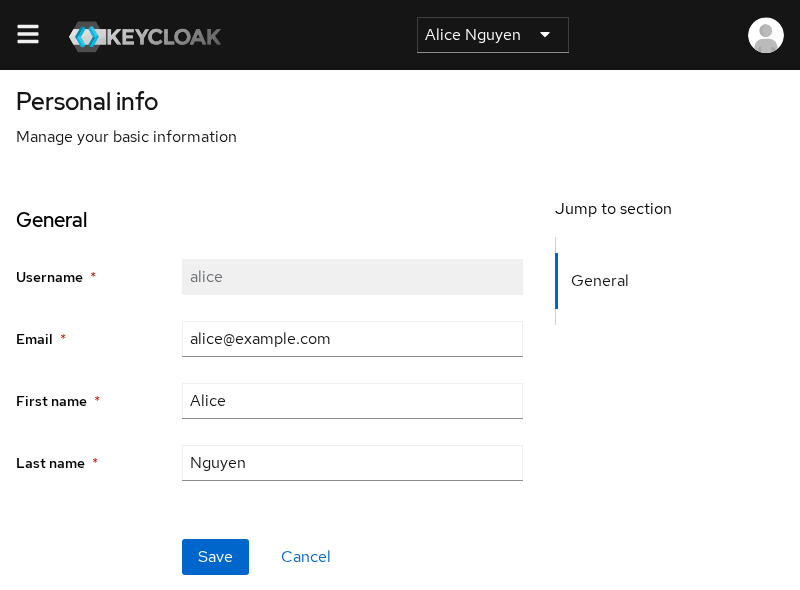 Apps account console personal info for alice after the SAML broker login