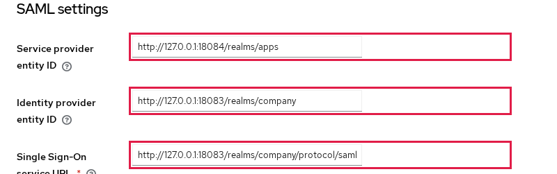 Keycloak SAML identity provider settings with the apps entity ID, the company entity ID, and the company SSO URL