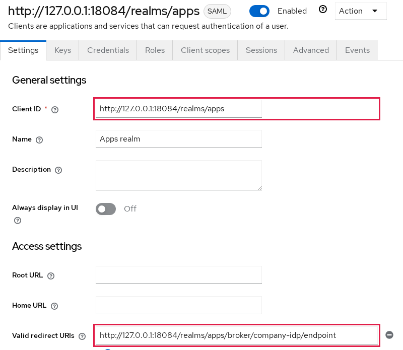 Keycloak SAML client whose client ID is the apps realm URL and whose valid redirect URI is the broker ACS endpoint