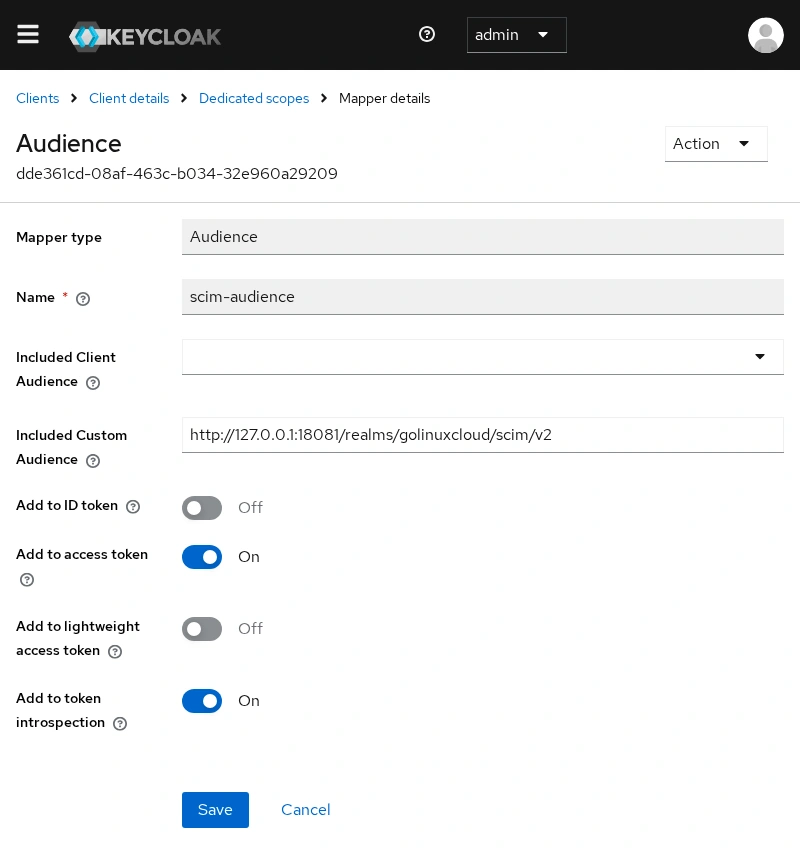 Keycloak Audience mapper on scim-client-dedicated with Included Custom Audience set to the golinuxcloud SCIM base URL on port 18081 and Add to access token enabled