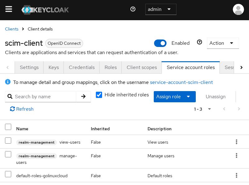 Keycloak scim-client Service account roles tab listing realm-management view-users and manage-users for service-account-scim-client