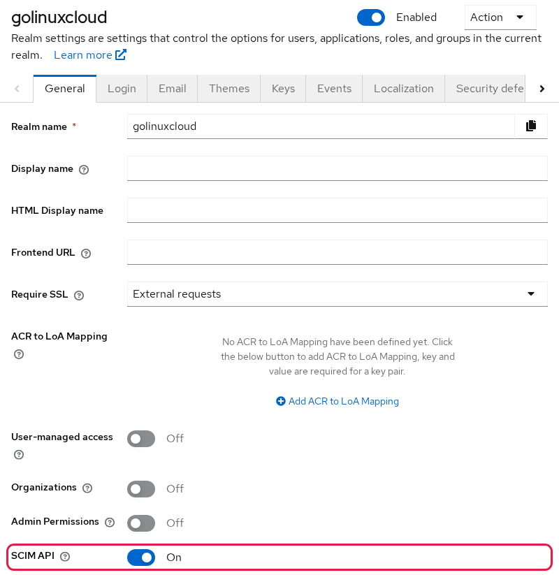 Keycloak 26.7.4 Realm settings General tab with the SCIM API toggle switched On for the golinuxcloud realm