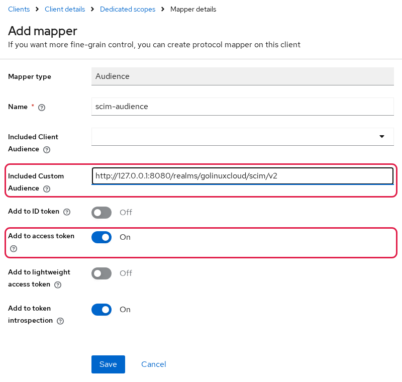 Keycloak Add mapper form for an Audience mapper with Included Custom Audience set to the golinuxcloud SCIM base URL and Add to access token On