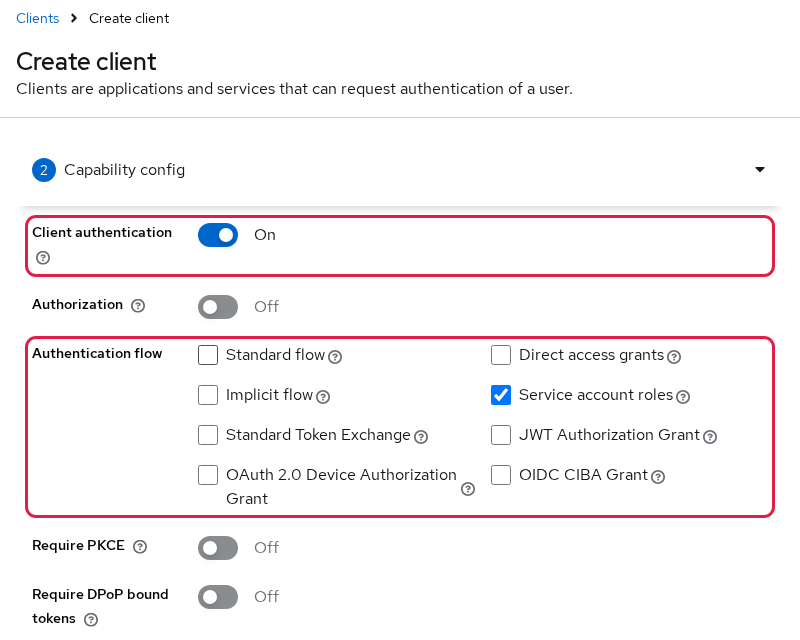 Keycloak Create client Capability config with Client authentication On and only Service account roles checked under Authentication flow