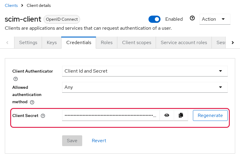 Keycloak scim-client Credentials tab with Client Id and Secret authenticator and the masked Client Secret field