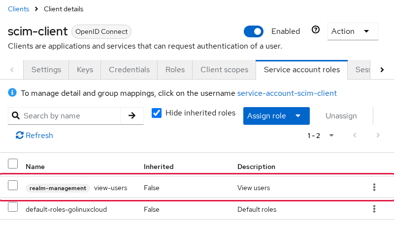Keycloak scim-client Service account roles tab listing realm-management view-users next to default-roles-golinuxcloud
