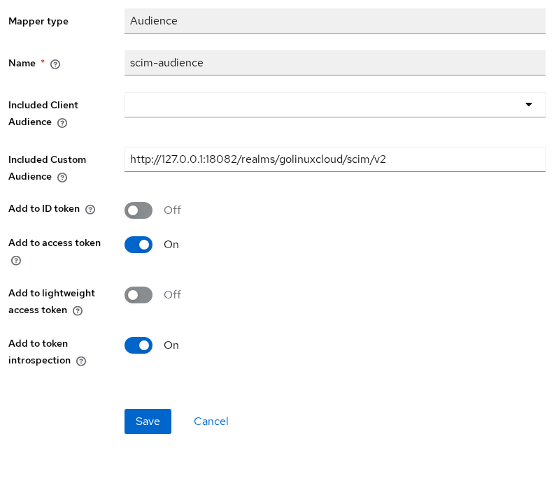 Keycloak Audience mapper scim-audience with Included Custom Audience set to the golinuxcloud SCIM base URL and Add to access token On