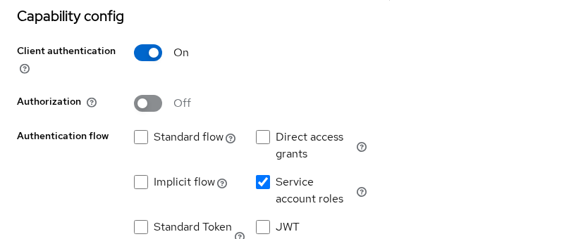 Keycloak scim-reader Capability config with Client authentication On, Standard flow Off, and Service account roles On