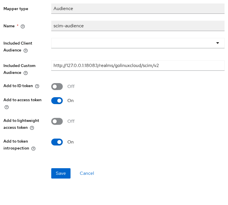Audience mapper scim-audience with Included Custom Audience set to the golinuxcloud SCIM base URL