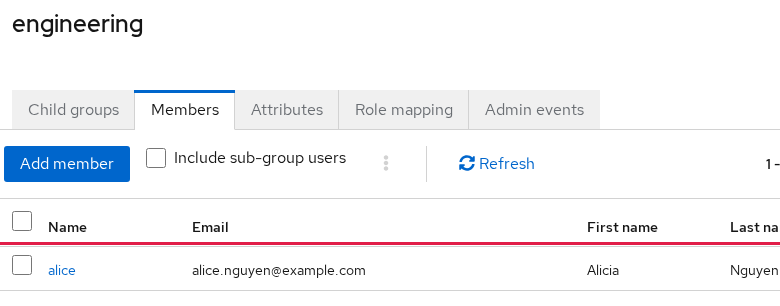 Alice listed on the engineering group Members tab