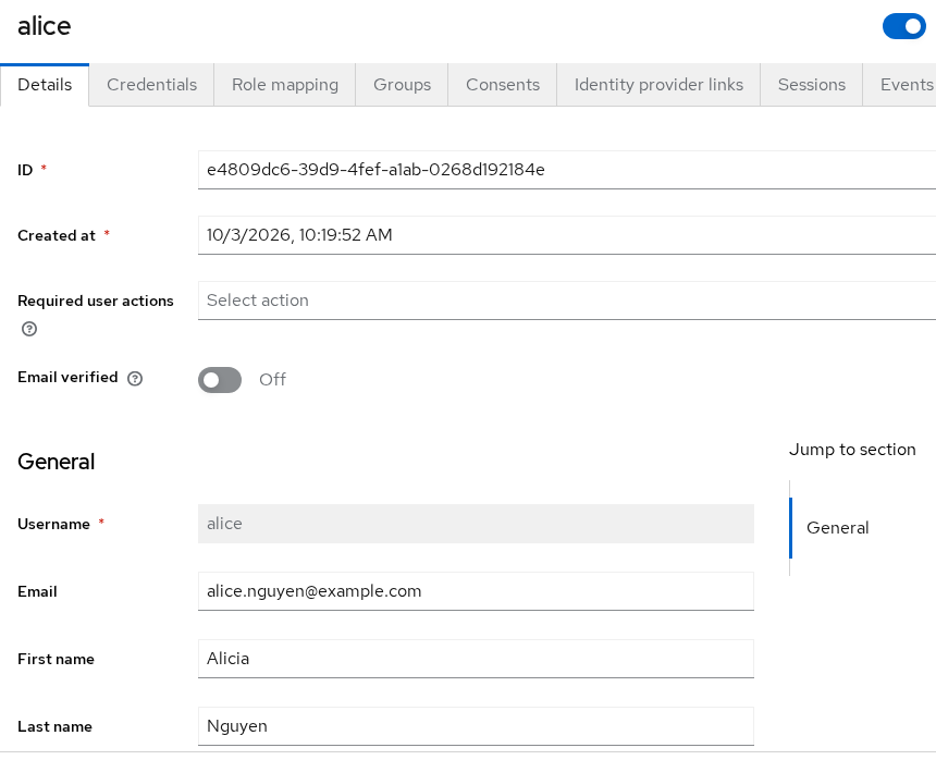 Alice's user page with email, first name, and last name