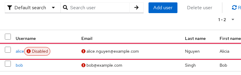 Alice marked Disabled on the Users list after active was set to false