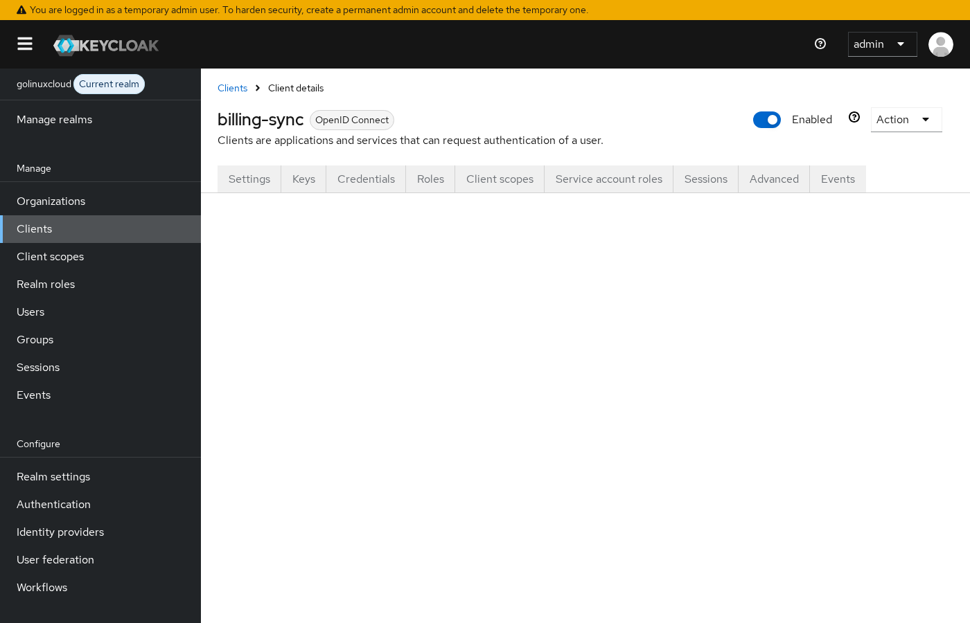 Keycloak billing-sync Service account roles tab with employee and order-reader assigned