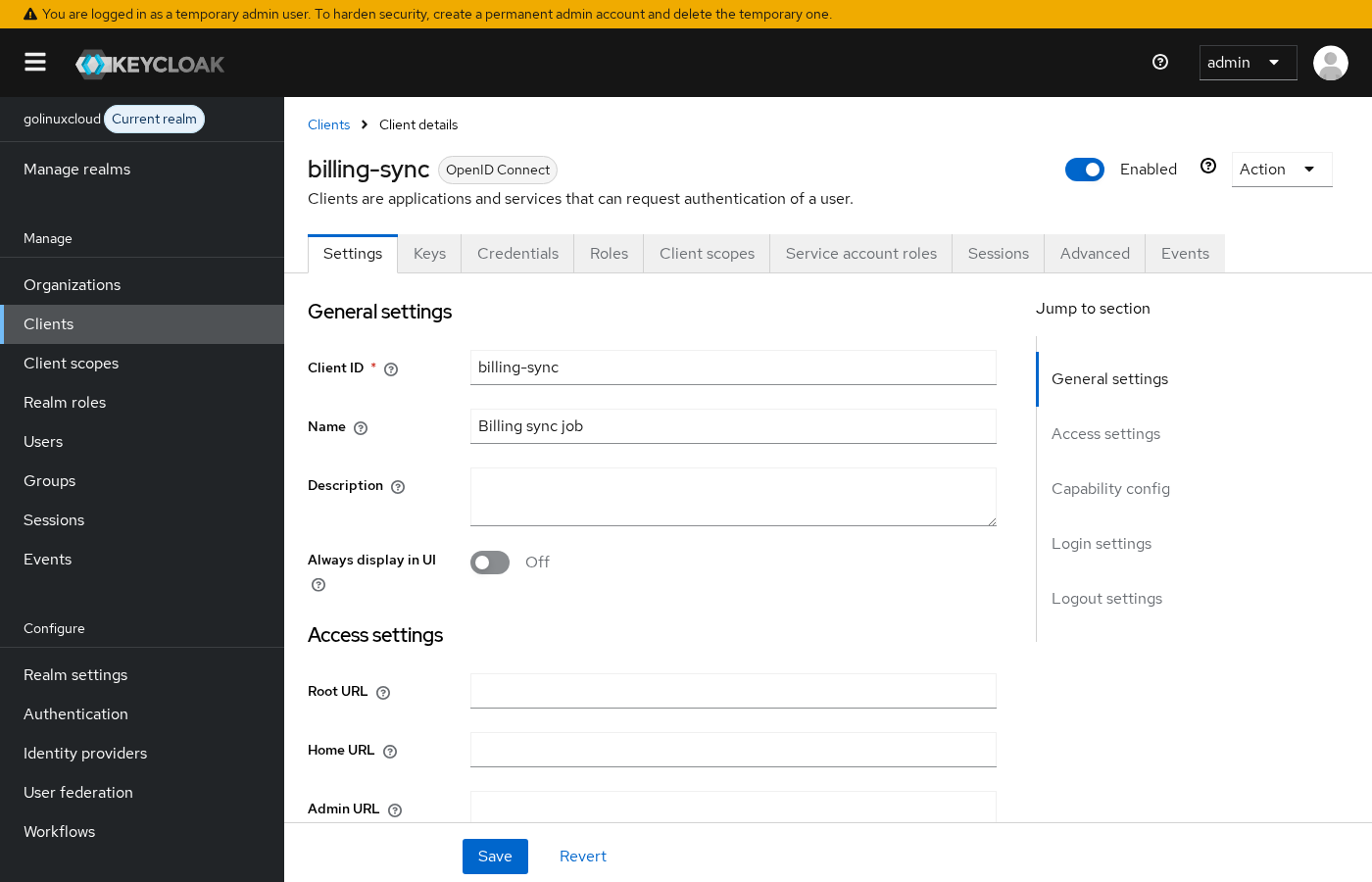 Keycloak billing-sync client Settings with Client authentication on and Service accounts roles enabled