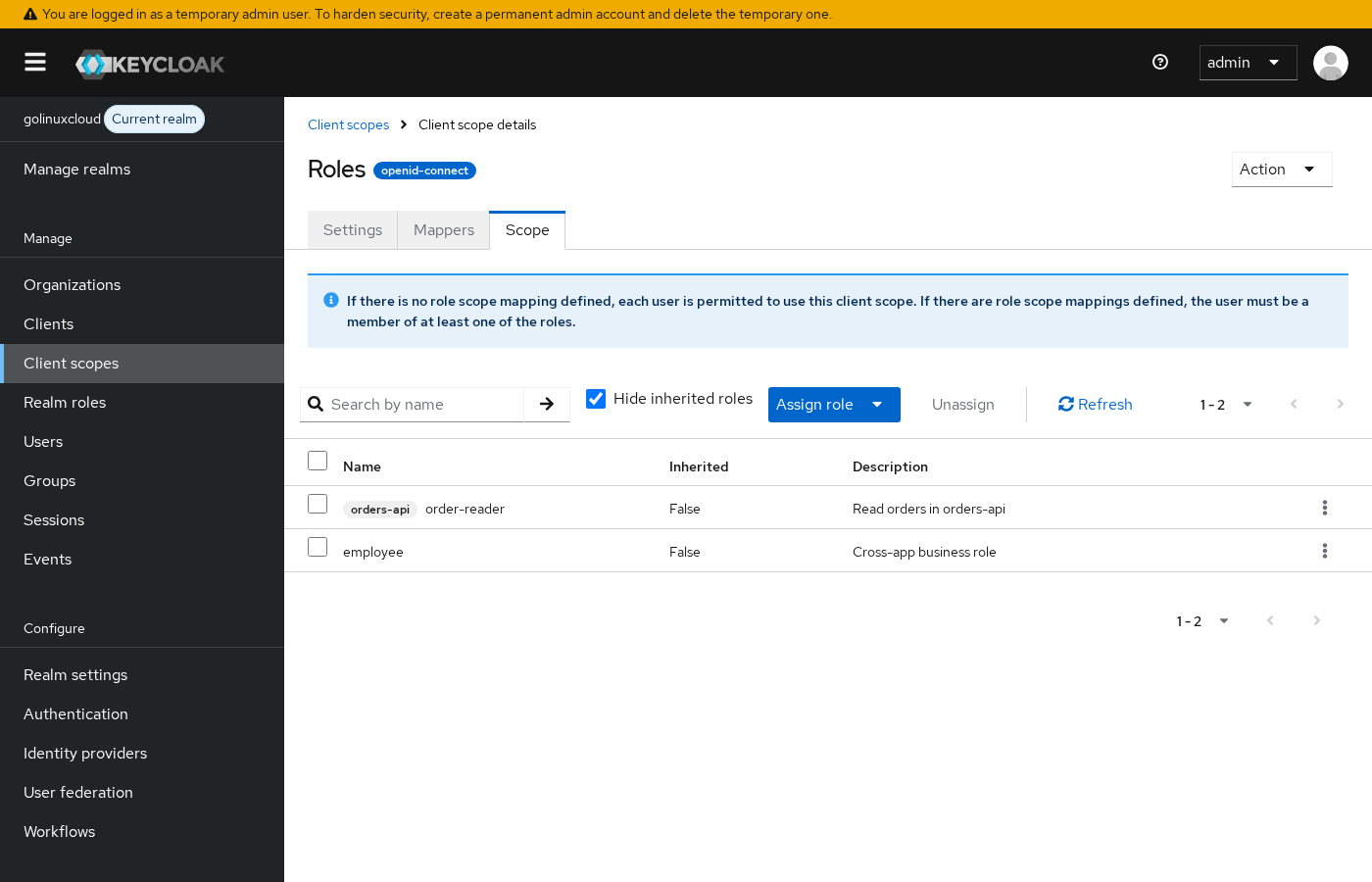 Keycloak roles client scope Scope tab showing employee realm role and orders-api order-reader client role mappings