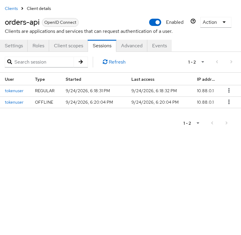Keycloak orders-api client Sessions tab showing tokenuser with REGULAR and OFFLINE session rows