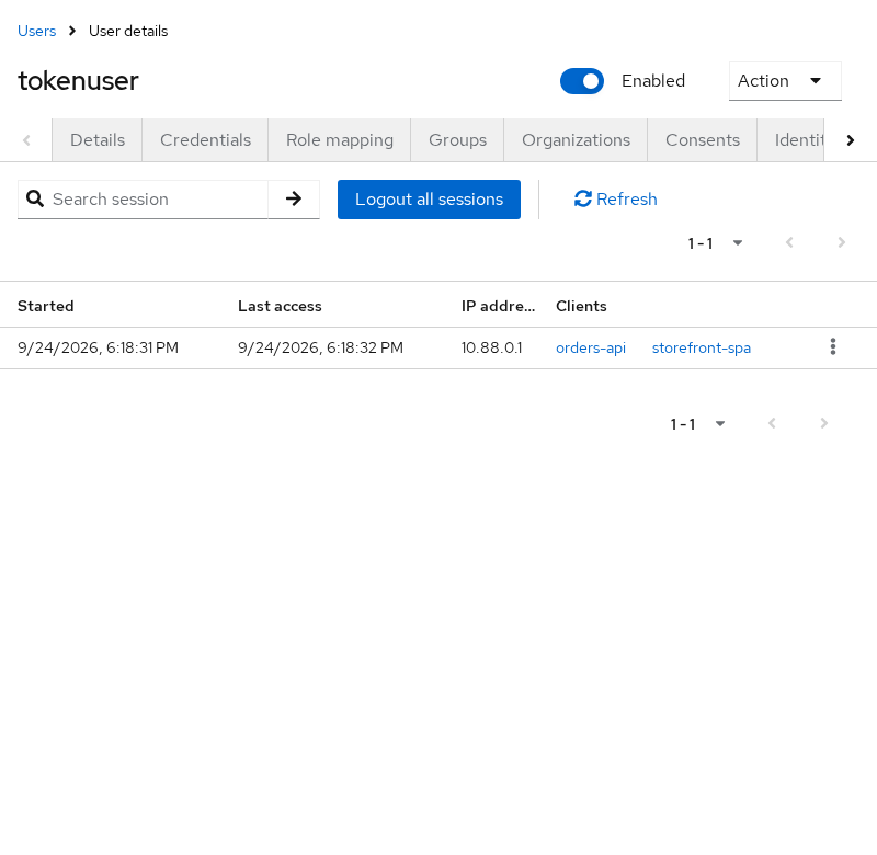 Keycloak user Sessions tab for tokenuser showing one active session with orders-api and storefront-spa in the Clients column