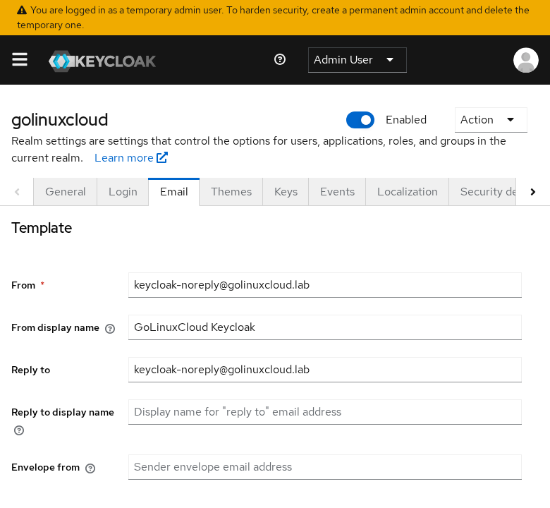 Keycloak realm settings Email tab with sender fields From, From display name, Reply to, and Envelope from