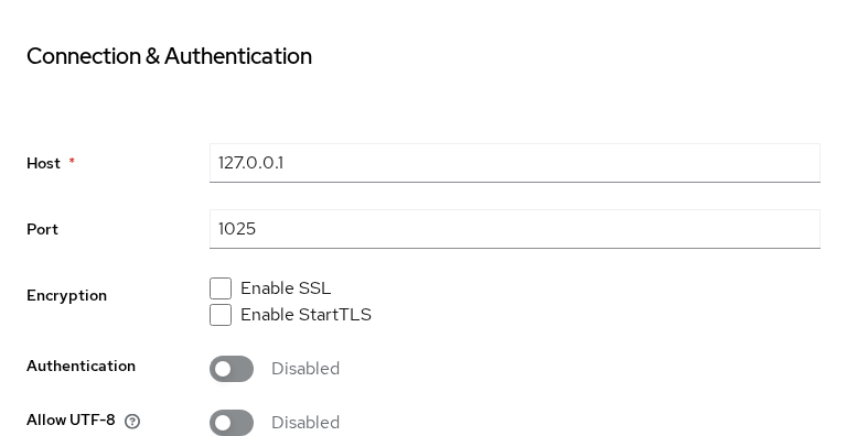 Keycloak realm Email tab showing Host, Port, Enable SSL, Enable StartTLS, Authentication, and Allow UTF-8