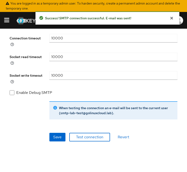 Keycloak SMTP Test connection success message in Realm Email settings