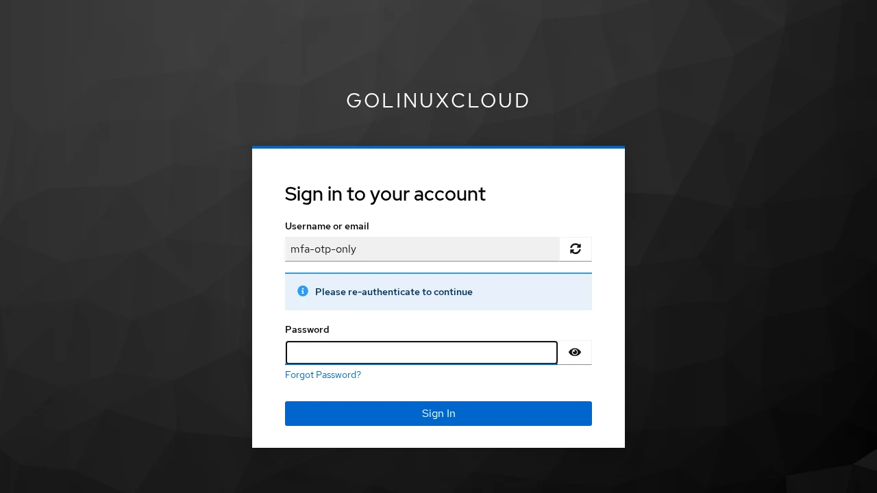 Keycloak password reauthentication screen for acr_values=gold with prompt=login