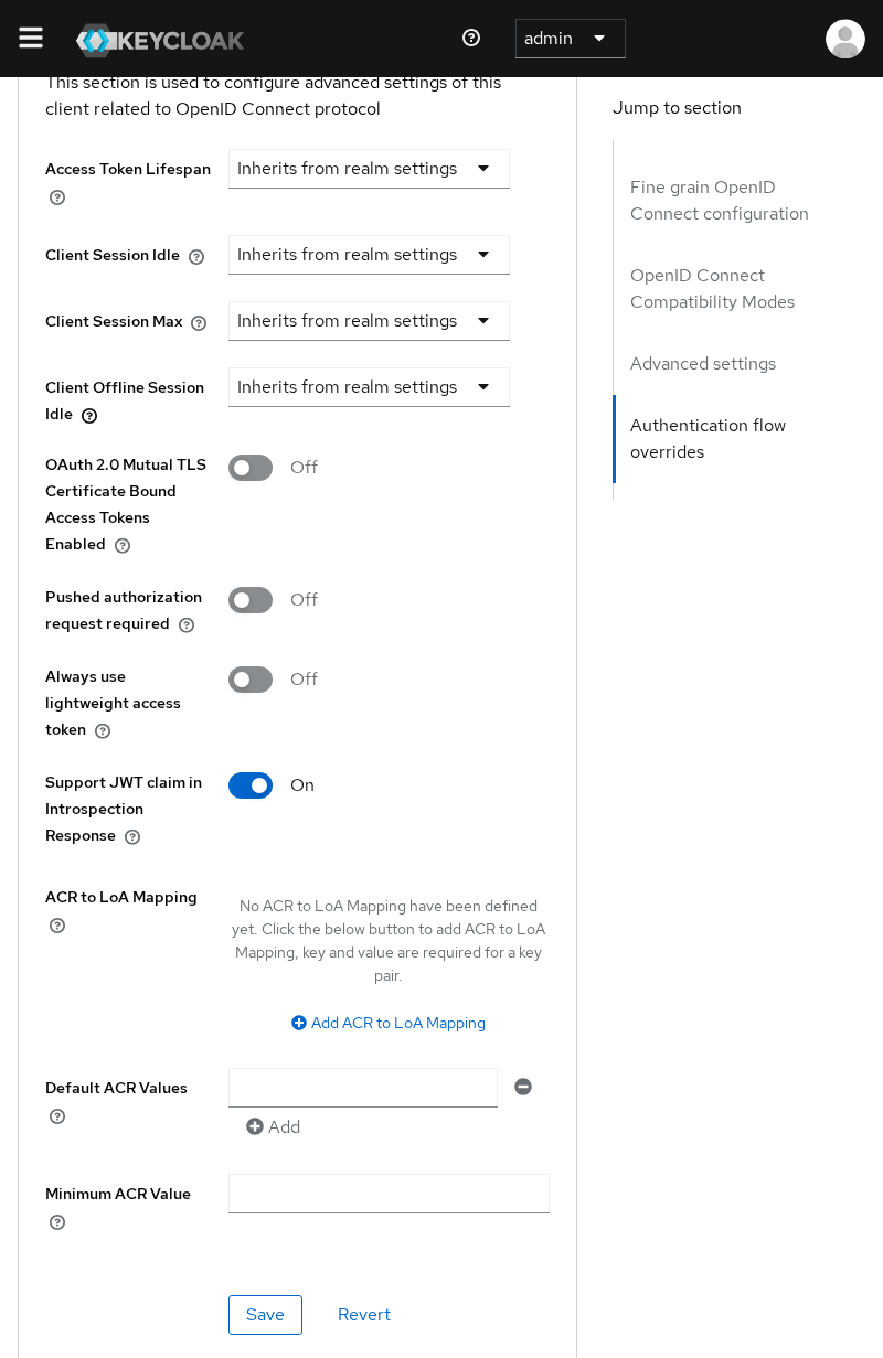 Keycloak introspect-lab-api Advanced settings with Support JWT claim in Introspection Response turned on above Save and Revert