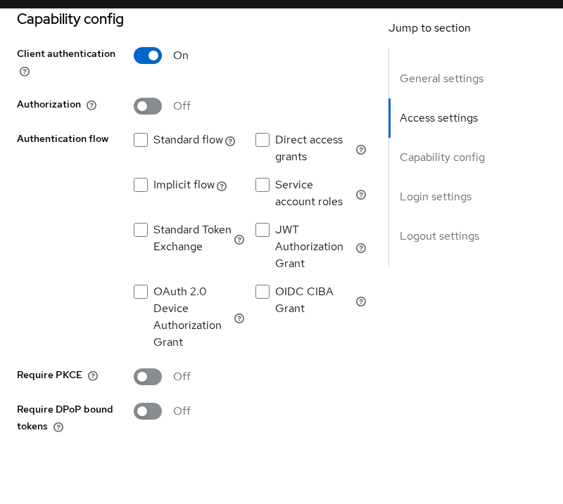 Keycloak introspect-lab-api Capability config section with Client authentication enabled and browser login flows disabled