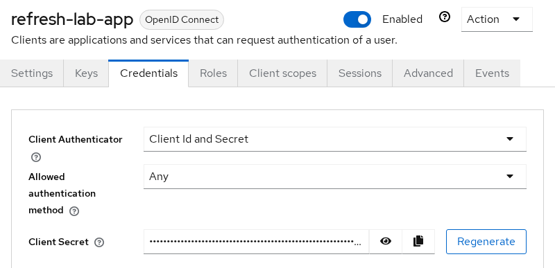 Keycloak refresh-lab-app Credentials tab showing Client secret field and Regenerate button after compromise