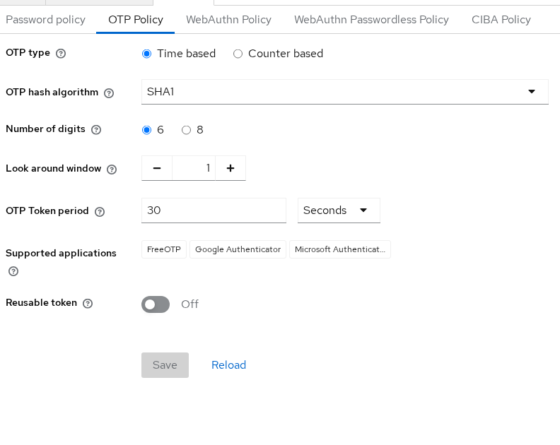 Keycloak realm OTP policy tab showing digits, period, algorithm, and look-ahead window
