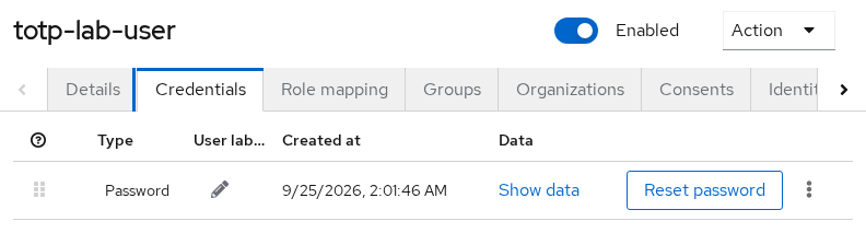 Keycloak user Credentials tab after admin removed the OTP credential