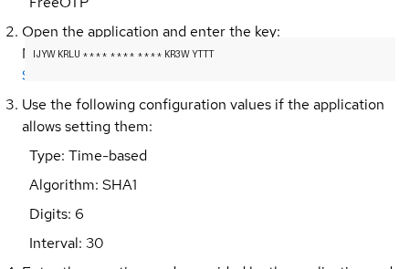 Keycloak manual TOTP setup showing secret key, type, algorithm, digits, and interval