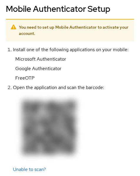 Keycloak Mobile Authenticator Setup screen with QR code for TOTP enrollment