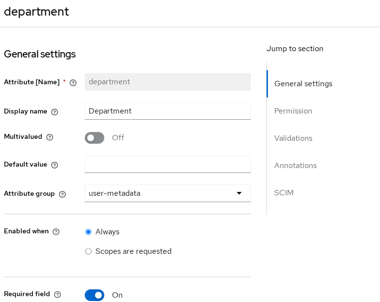 Keycloak department attribute settings showing display name, group, permissions, and required roles