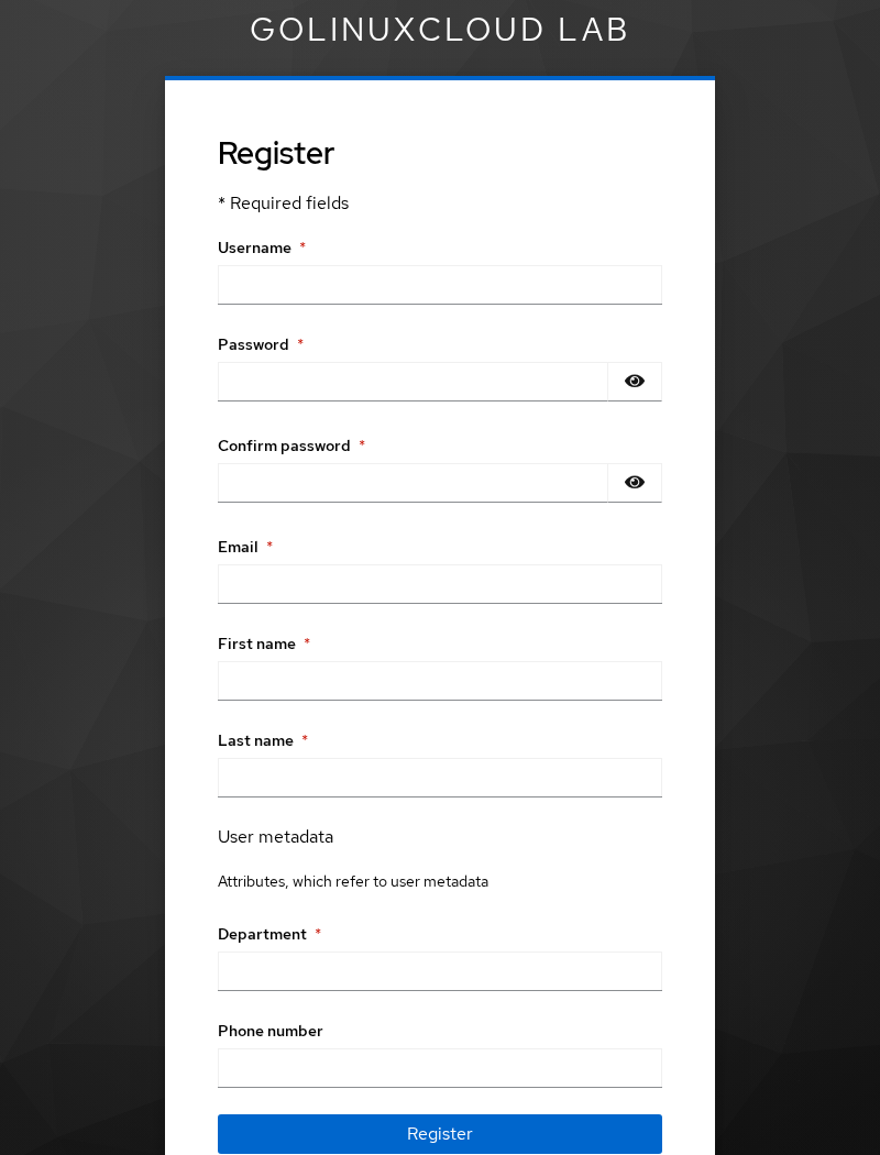 Keycloak self-registration form generated from User Profile schema including custom attributes