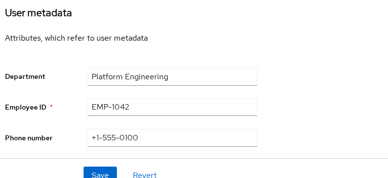 Keycloak tokenuser user settings showing department, employeeId, and phoneNumber from User Profile
