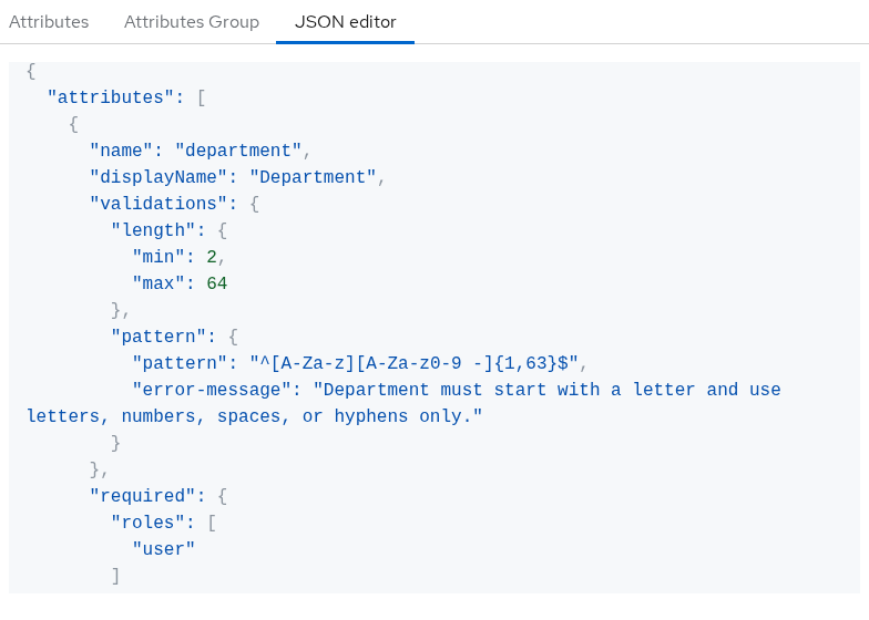 Keycloak User profile JSON editor showing department validators and permissions