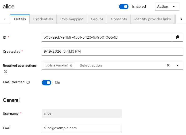 Keycloak user Details tab showing Required user actions selector